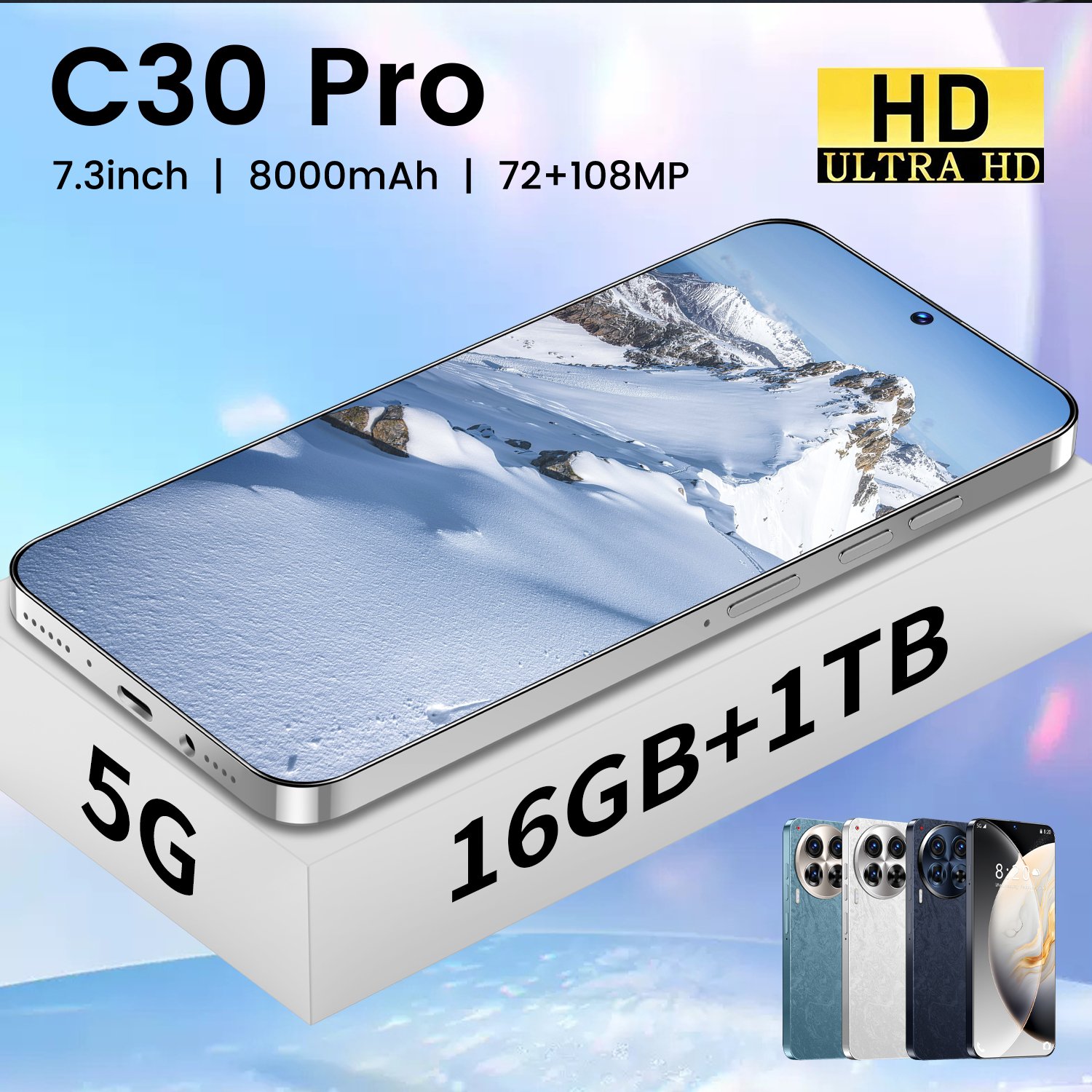 Android13.0 3G 4G smart phone C30 Pro original phone 7.3 Inch 5g 6800mAh 16GB + 1TB 50MP + 108MP cell phone